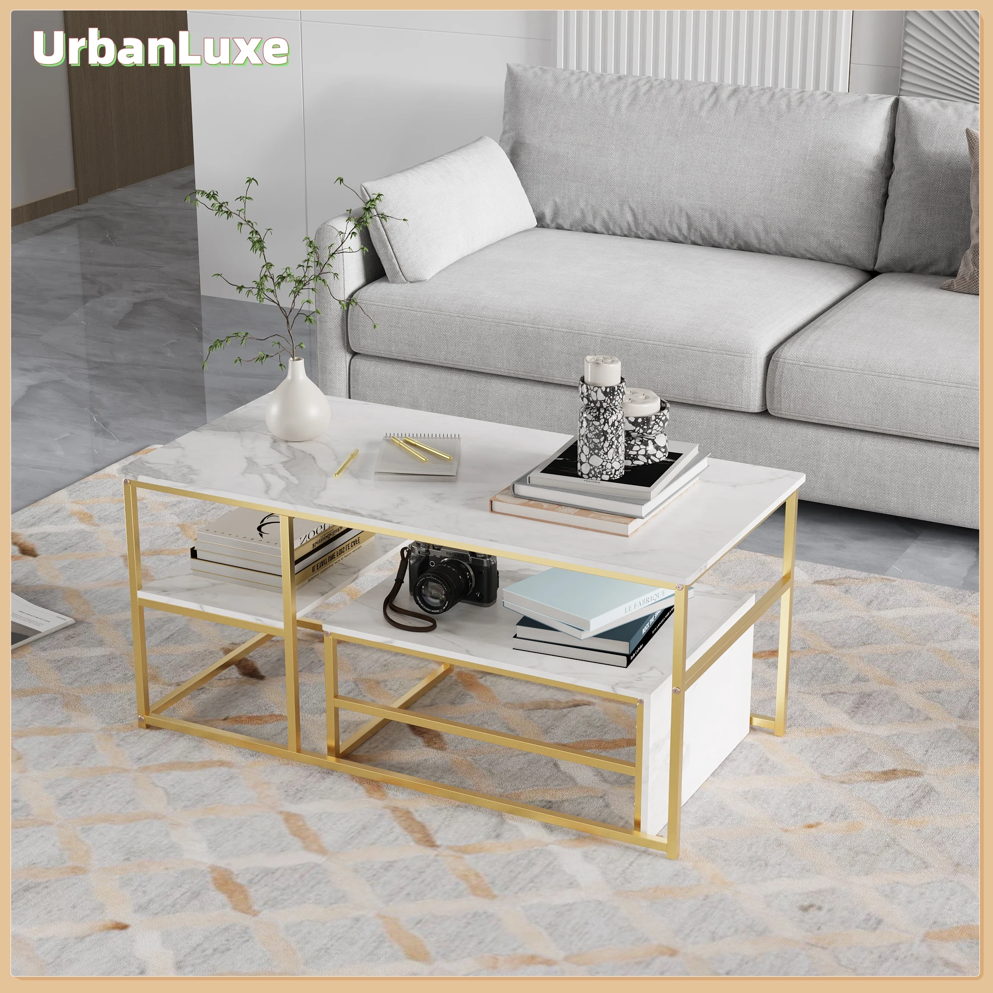 UrbanLuxe Couchtisch, Marmorplatte, Wohnzimmertisch, Couchtisch mit Stauraum, Moderner Couchtisch, goldene Beine, weiße Platte