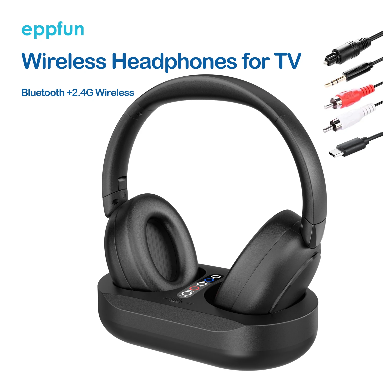 eppfun Bluetooth + 2,4 G kabellose Kopfhörer für TV-Ansehen, TV-Sender-Ladestation mit optischem RCA, Aux-Eingang Image