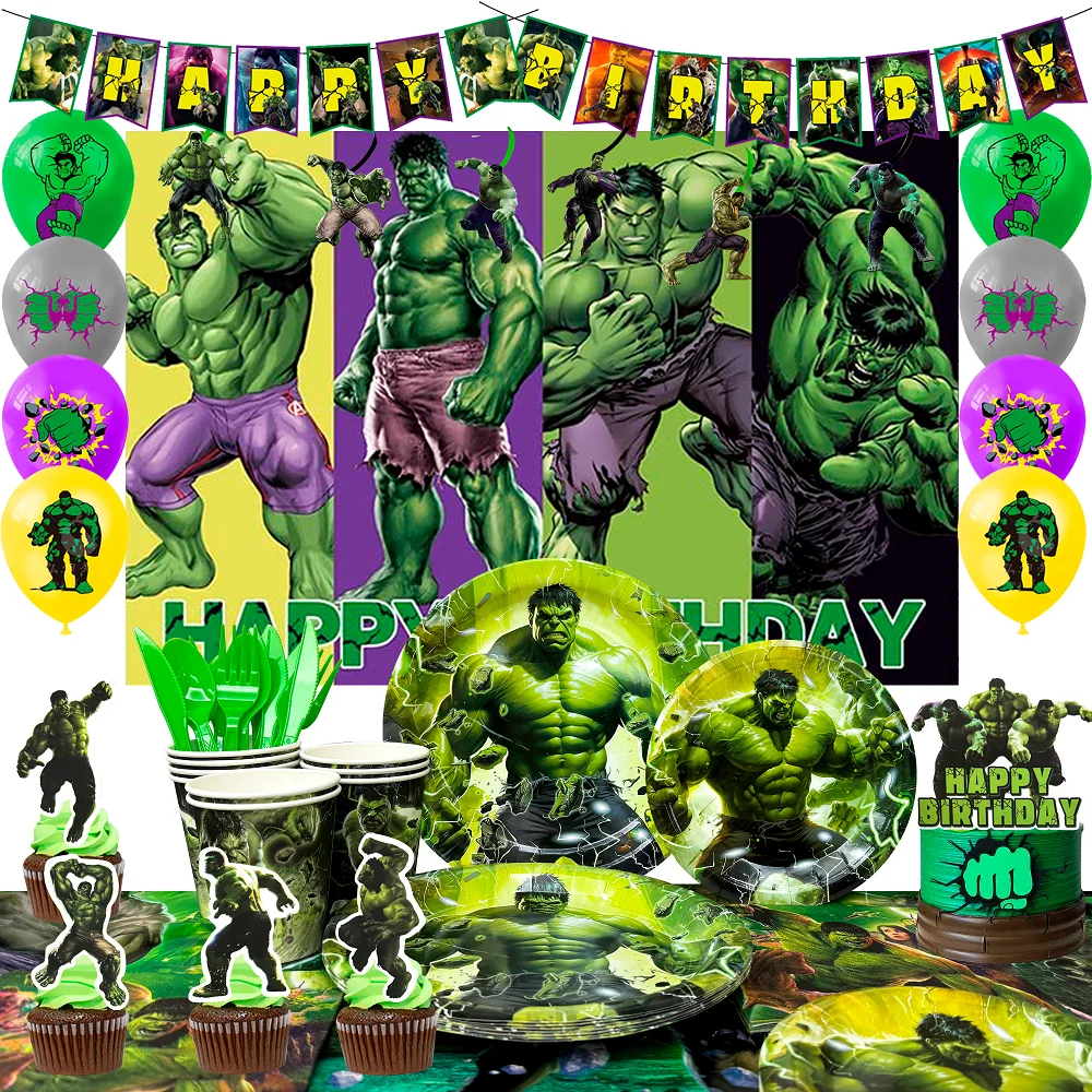 112-teiliges Hulk-Geburtstagsparty-Dekorations- und Geschirrset - Hulk-Party-Dekorationen, Luftballons, Hintergrund, Teller usw., Marvel Hulk-Party-Zubehör Image