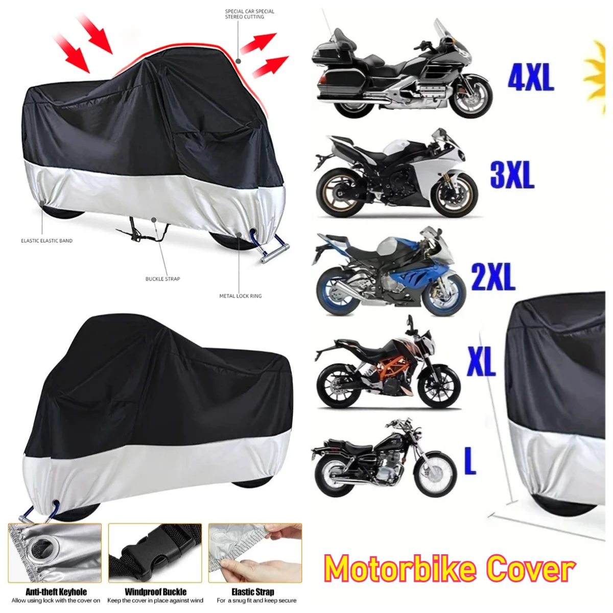 Wasserdichte Motorradabdeckung, schützender Outdoor-Indoor-Roller, 190T, verschleißfester Stoff, Motorradabdeckung, ganzjährig, staubdicht, UV Image