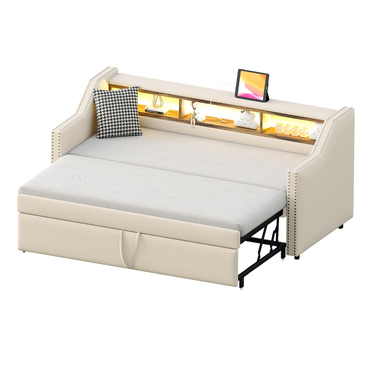 OKWISH Multifunktionales Polsterschlafsofa 90 x 190 cm aus Leinenstoff mit ausziehbarem Bett, Stauraum, USB-Fach, robustem Lattenrost, Beige Image