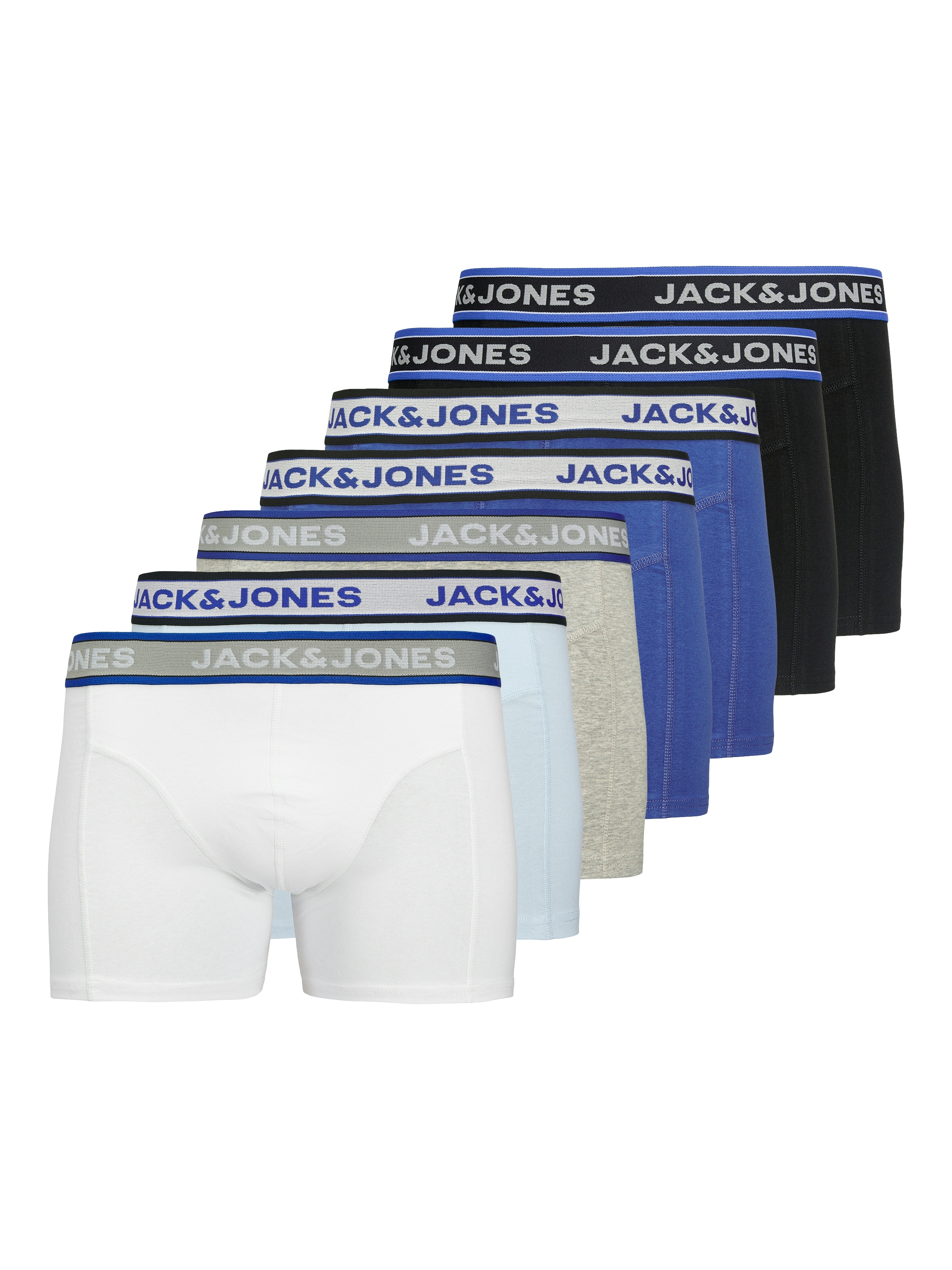 Trunk JACK & JONES "JACHUDSON SOLID TRUNKS 7 PACK", Herren, Gr. M, schwarz pack:weiß, dazzling blau, dazzling blau, schwarz, lgm, skyway, Jersey, Obermaterial: 95% Baumwolle, 5% Elasthan, unifarben, bequem, Unterhosen Image