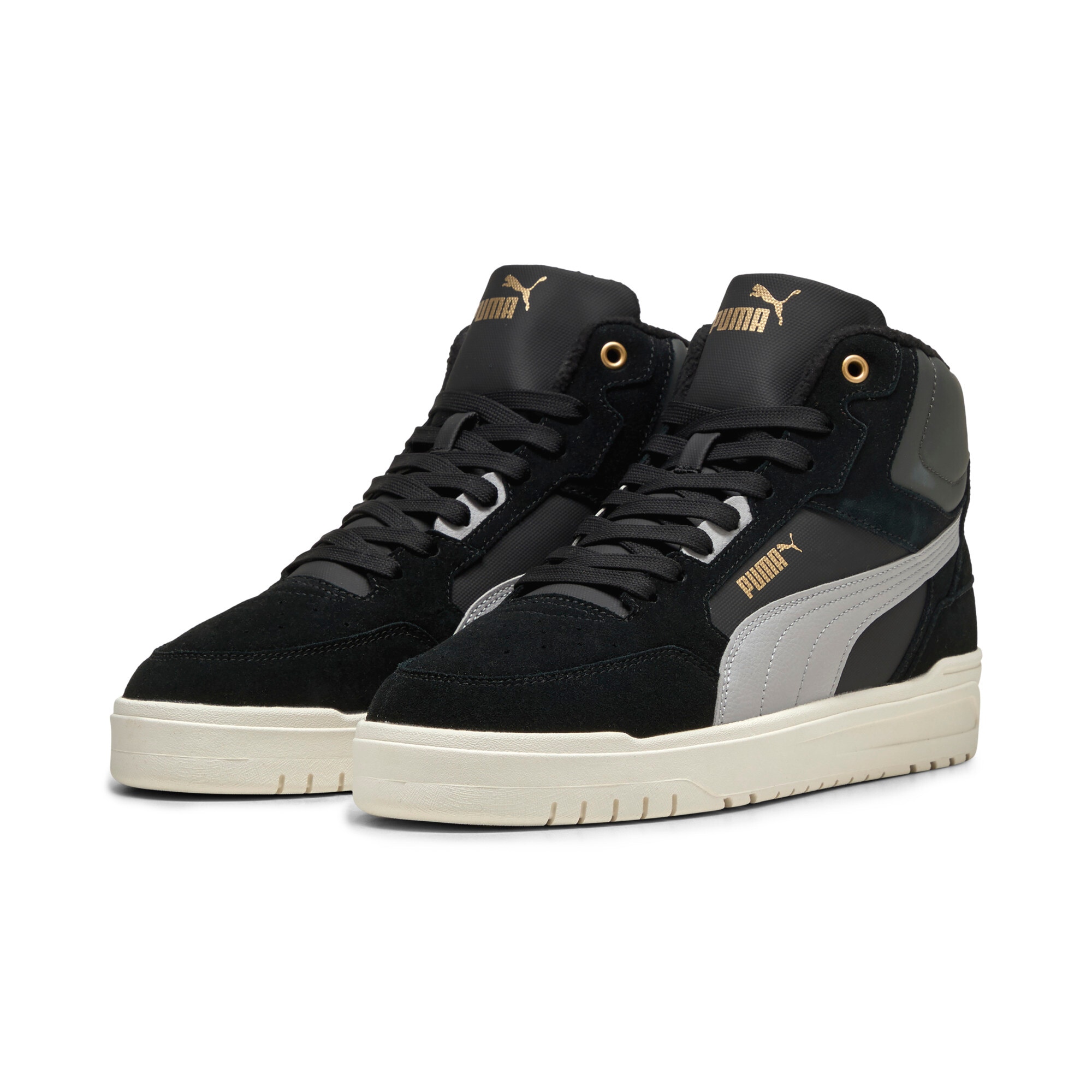 Sneaker PUMA "SHUFFLE DOWNTOWN MID WTR", Damen, Gr. 47, puma schwarz, gray echo, puma gold, Leder, Schuhe Sneaker, Winterschuhe, Sneakerboots, gefüttert
