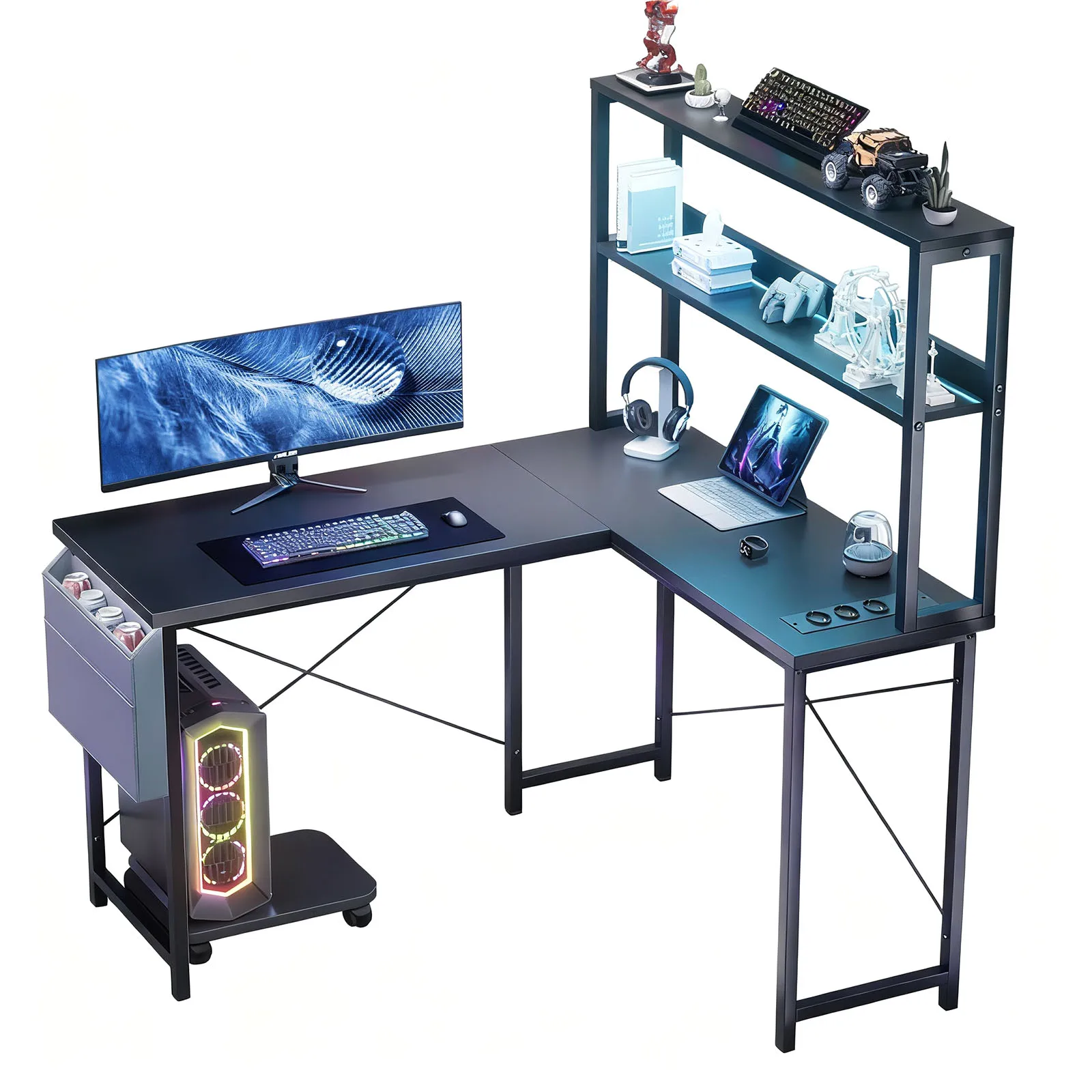 148cm L-förmiger Gaming Schreibtisch mit Regal & RGB LED Beleuchtung, Eckschreibtisch Computertisch, Integrierter Steckdose