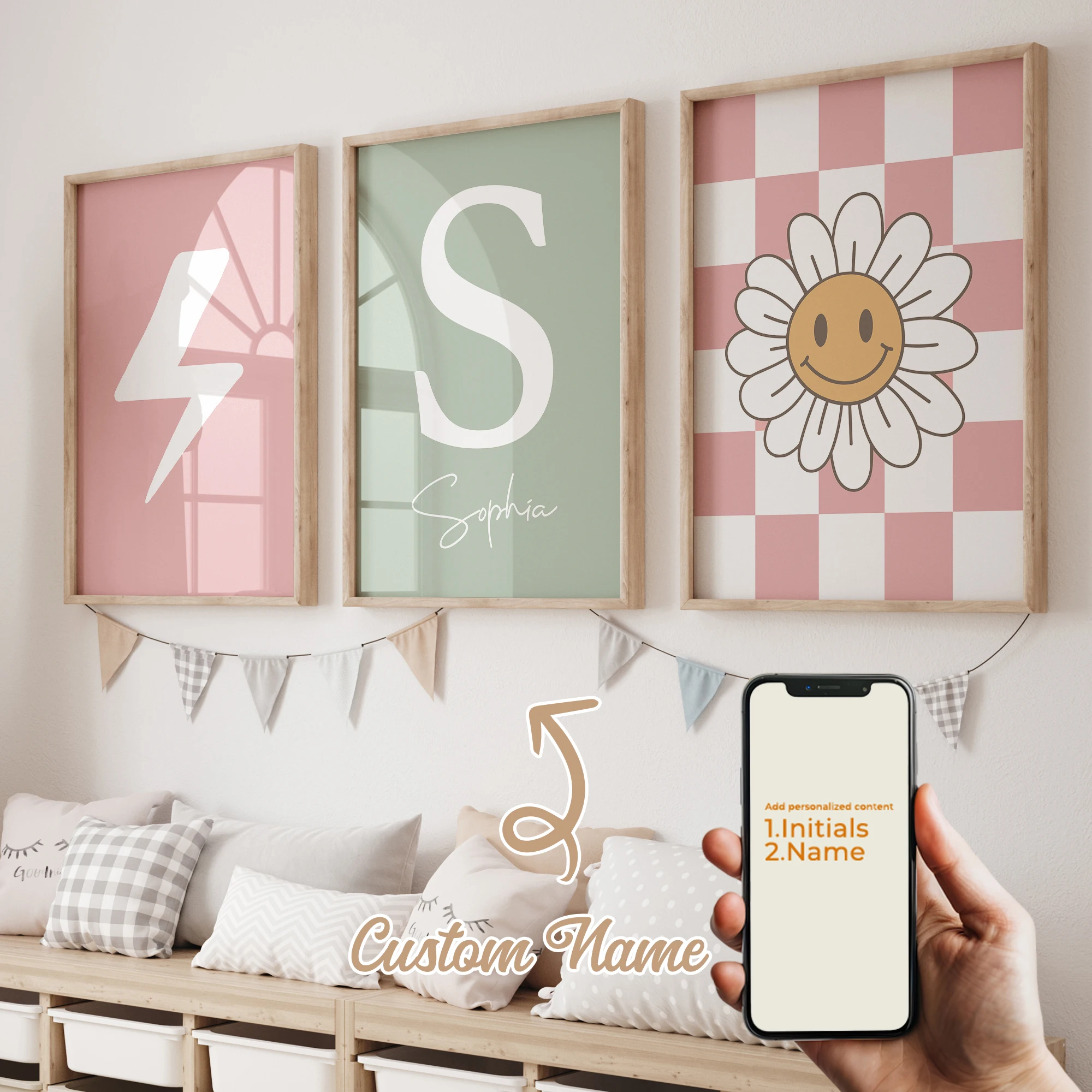 3 stücke Personalisierte Benutzerdefinierte Name Cartoon Rosa Gänseblümchen Wand Kunstdruck Bild Leinwand Poster Malerei Für Wohnzimmer kind Zimmer wohnkultur Image