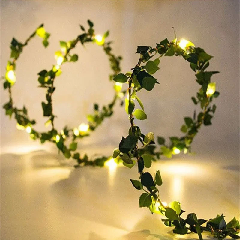 Artificial Green Leaf Led Fairy Lights Garland Christmas Tree Decoration Outdoor Room Curtain Lamp Wedding Party Garden Decor