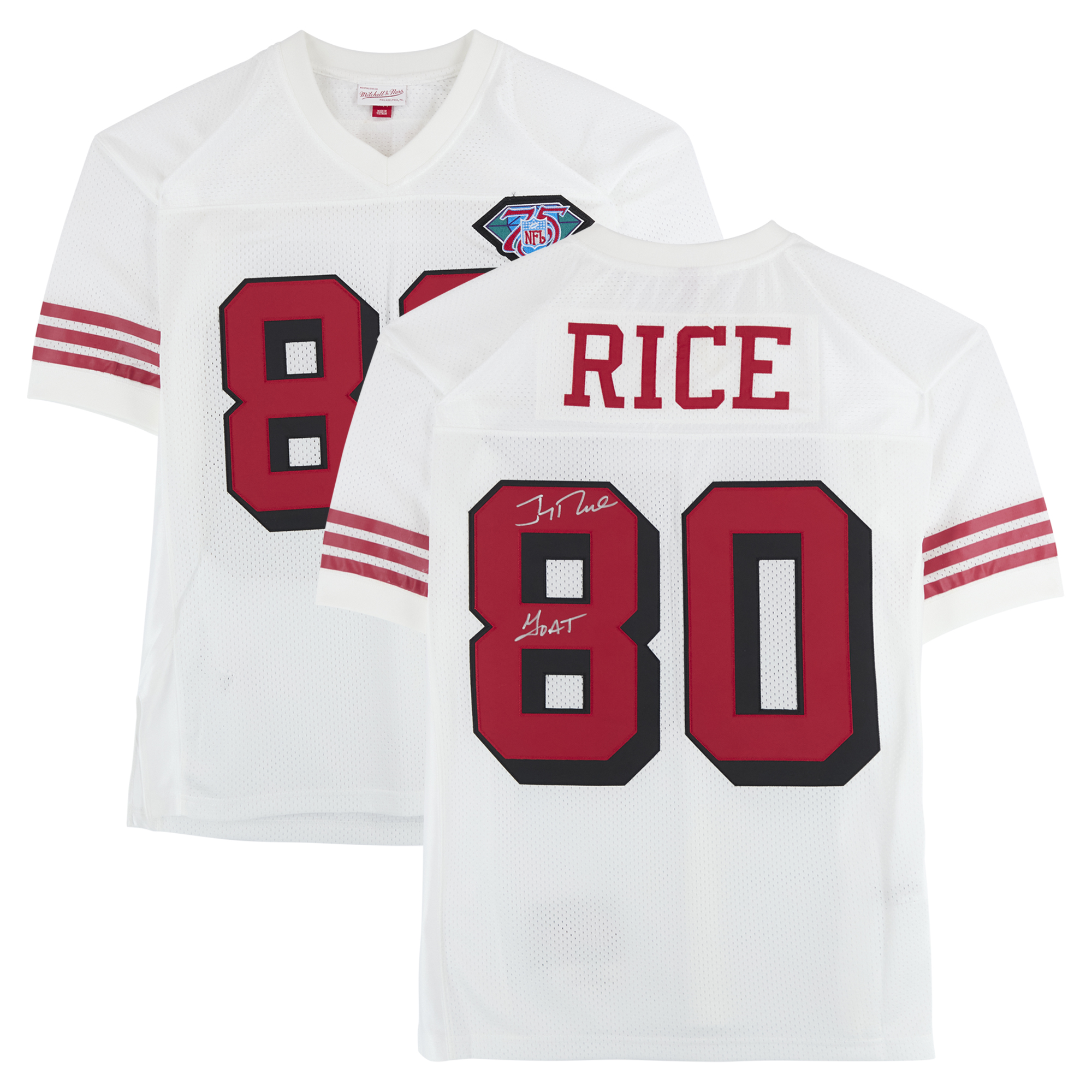 Jerry Rice – San Francisco 49ers – Signiertes Mitchell- und Ness-Trikot in Weiß mit der Aufschrift „GOAT“ Image