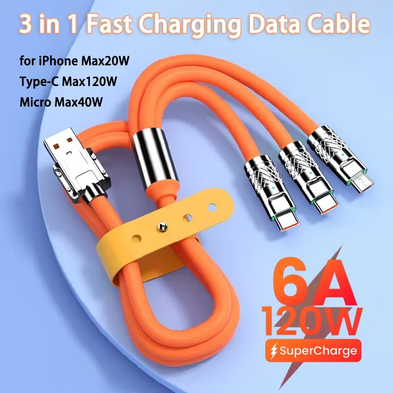 120W 6A 3 in 1 Schnellladekabel Typ C Micro USB für iPhone Ladekabel für Samsung Huawei Xiaomi Telefon Ladegerät USB-Kabel Image