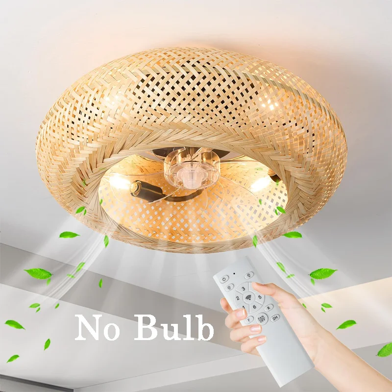 Bambus-Deckenventilator-Lampe, Fernbedienung, Deckenventilator-Licht, E26, gewebter Rattan-Schirm, unsichtbare Flügel, geräuschlos, 6-Gang-Lampe für Schlafzimmer