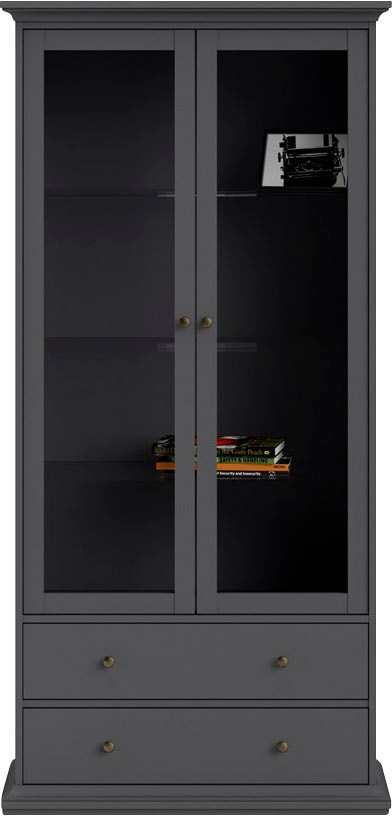 Vitrine HOME AFFAIRE "Paris Glasvitrine Vitrinenschrank Ausstellung Sammelvitrine", grau, B:96,2cm H:200,8cm T:41,6cm, Spanplatte, Schränke, mit 2 Glastüren und 2 Schubladen, Breite, 96 cm, Höhe 200 cm Image