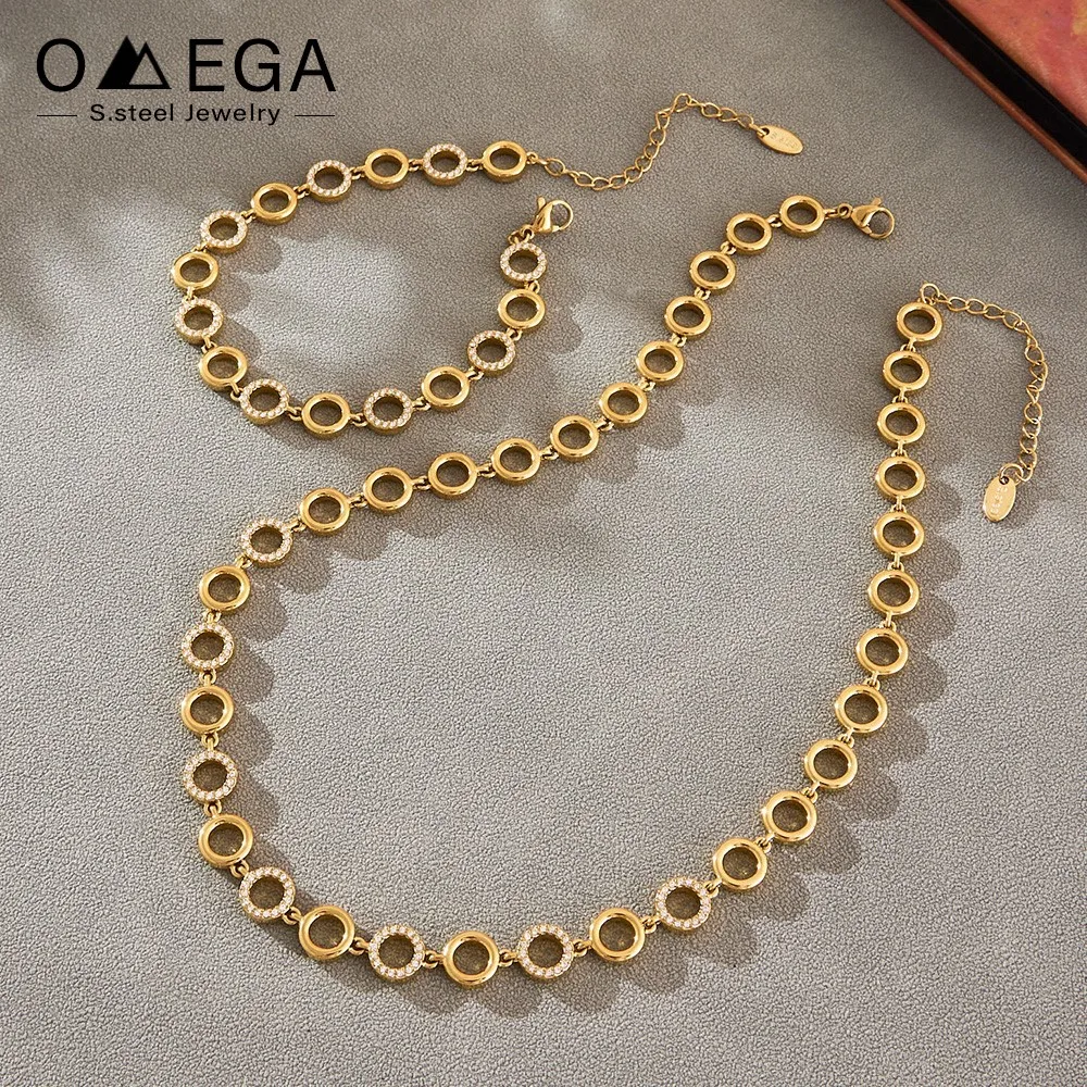 Bracciale abbinato con collana in acciaio inossidabile per donna Set di gioielli con collane a catena a maglie circolari con zirconi placcati in oro 18 carati