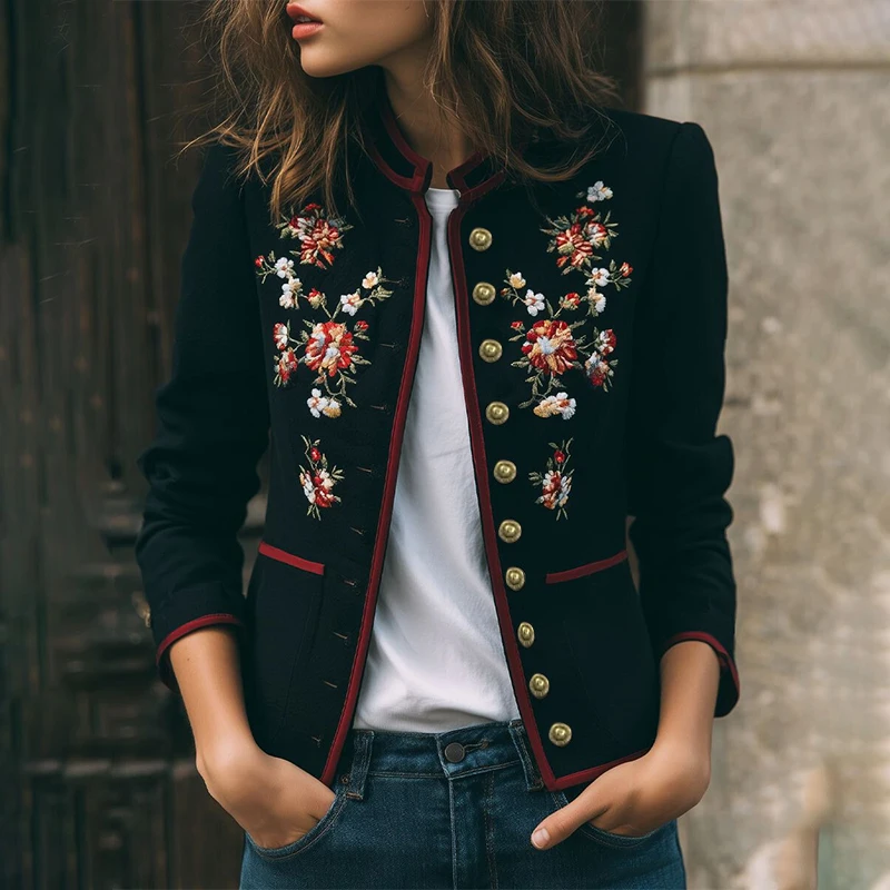Cappotto da donna Giacca con stampa floreale Colletto alla coreana Cappotto con tasca monopetto Moda Casual Autunno Capispalla elegante per top da donna