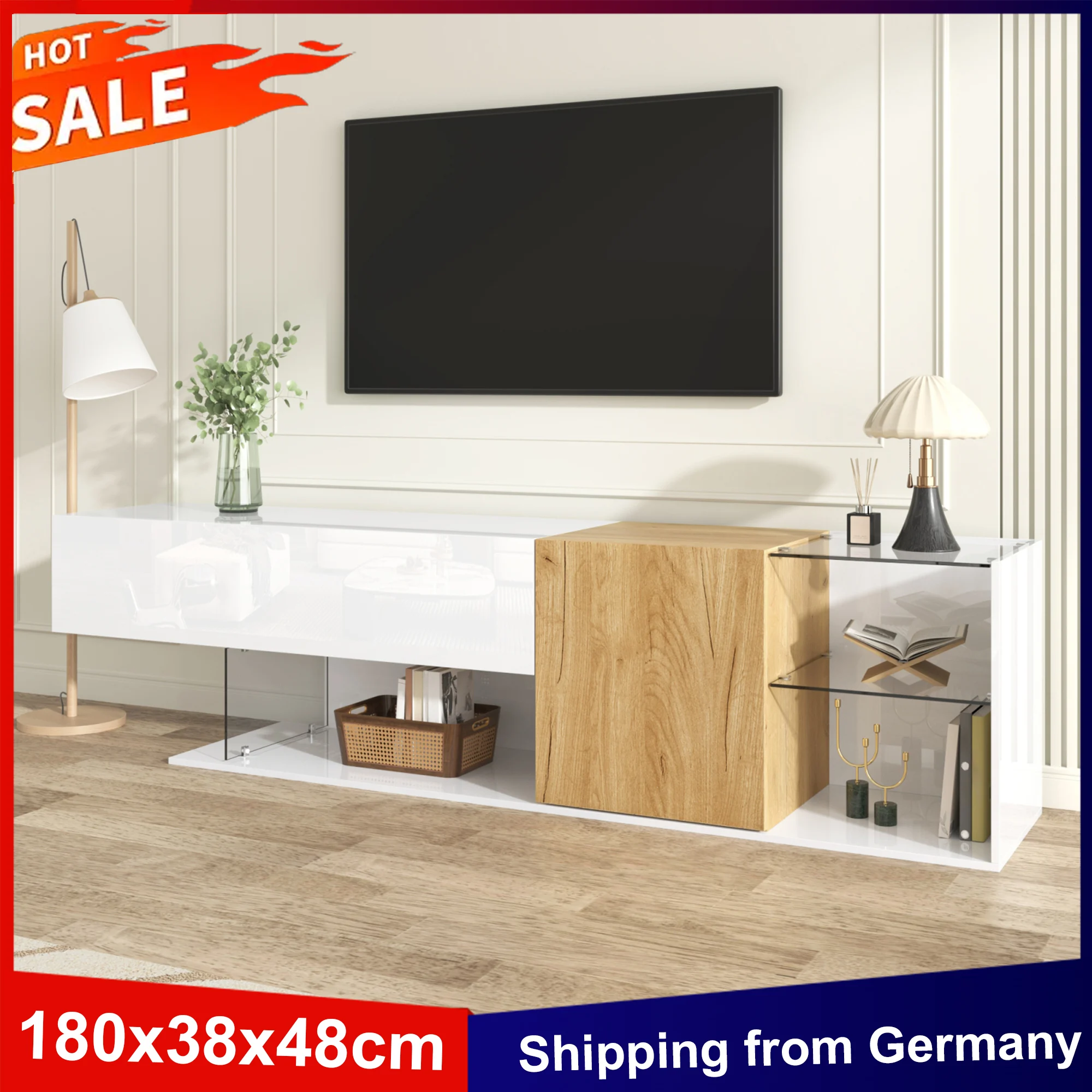 Anajqaqia Meuble TV moderne 180x38x48 cm, meuble bas TV, blanc brillant avec effet bois et étagères en verre, meuble TV pour salon