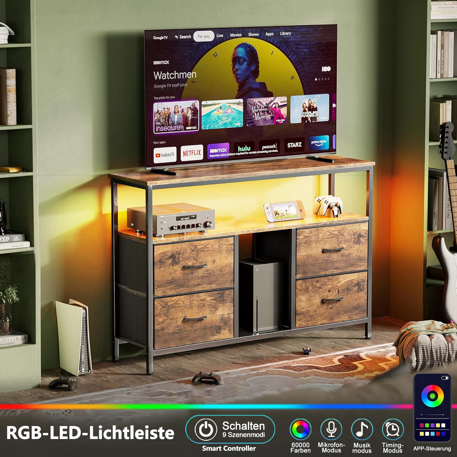 Anajqaqia Meuble TV 137 cm avec meuble TV meuble TV avec 4 tiroirs en tissu, pour salon chambre à coucher