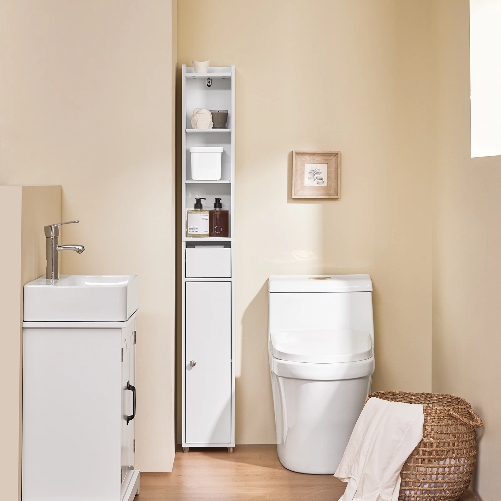 SoBuy BZR34-K-W Badezimmerschrank Schmal Hochschrank Badregal Schrank mit Tür und Schublade Nischenregal für Badezimmer Image