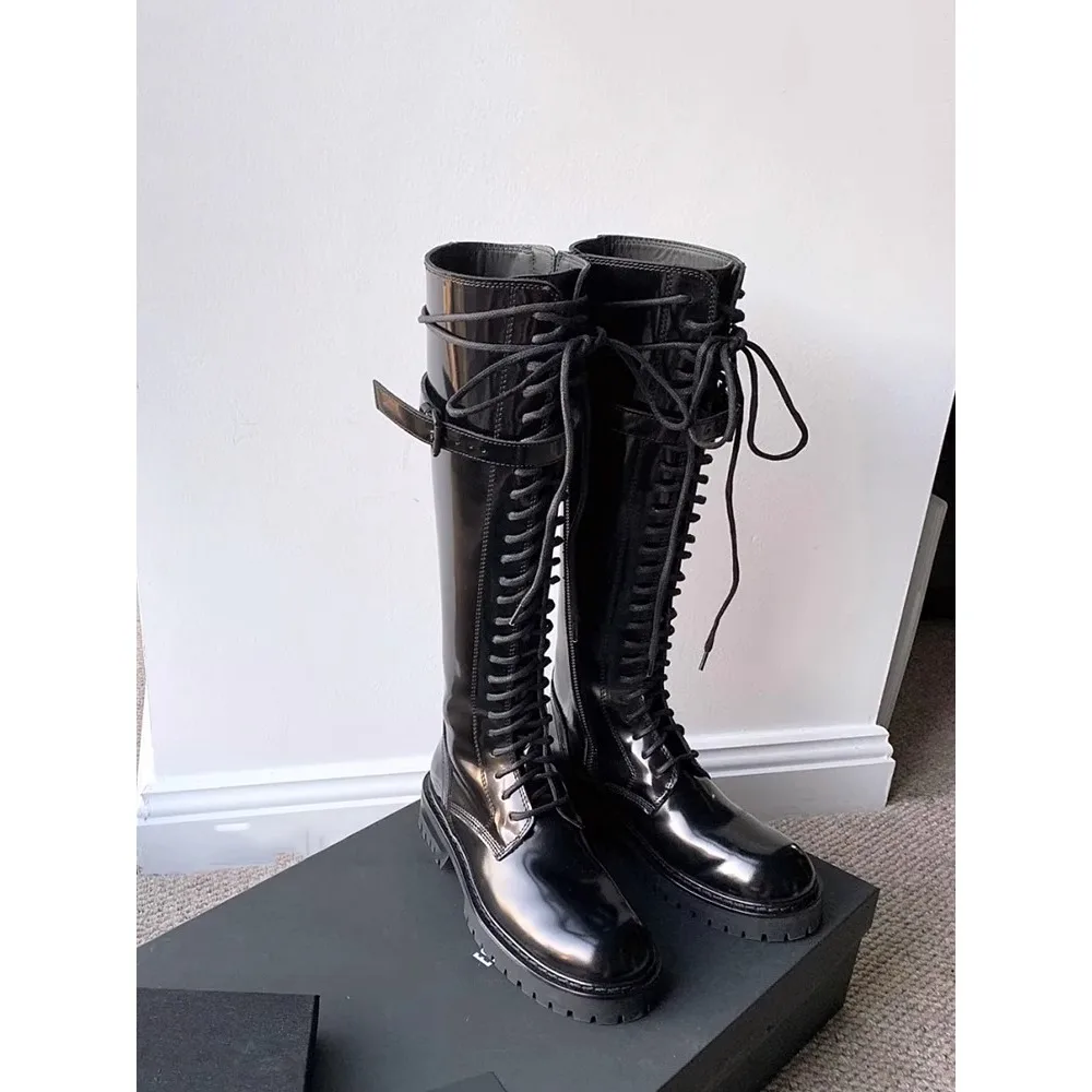 Mode Schwarz Echtes Leder Motorrad Stiefel Winter Pelz Europäischen Kniehohe Stiefel frauen Lange Reitstiefel Western Lace up