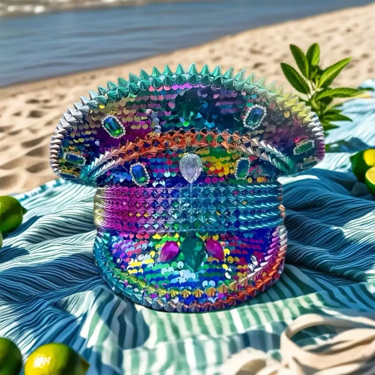 HongLuan Bunte Halloween-Kostümmütze, Kapitänsmütze mit Strasssteinen für Burning Man Festival Woman, Cosplay-Accessoires für Frauen Image