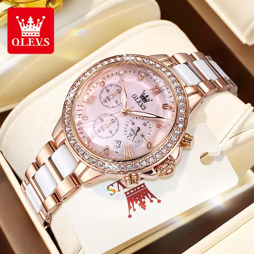 OLEVS 9999 Frauen Uhr Marke Original Elegante Wasserdichte Chronograph Luxus Keramik Kleid Rosa Frauen Quarzuhr Reloj Mujer