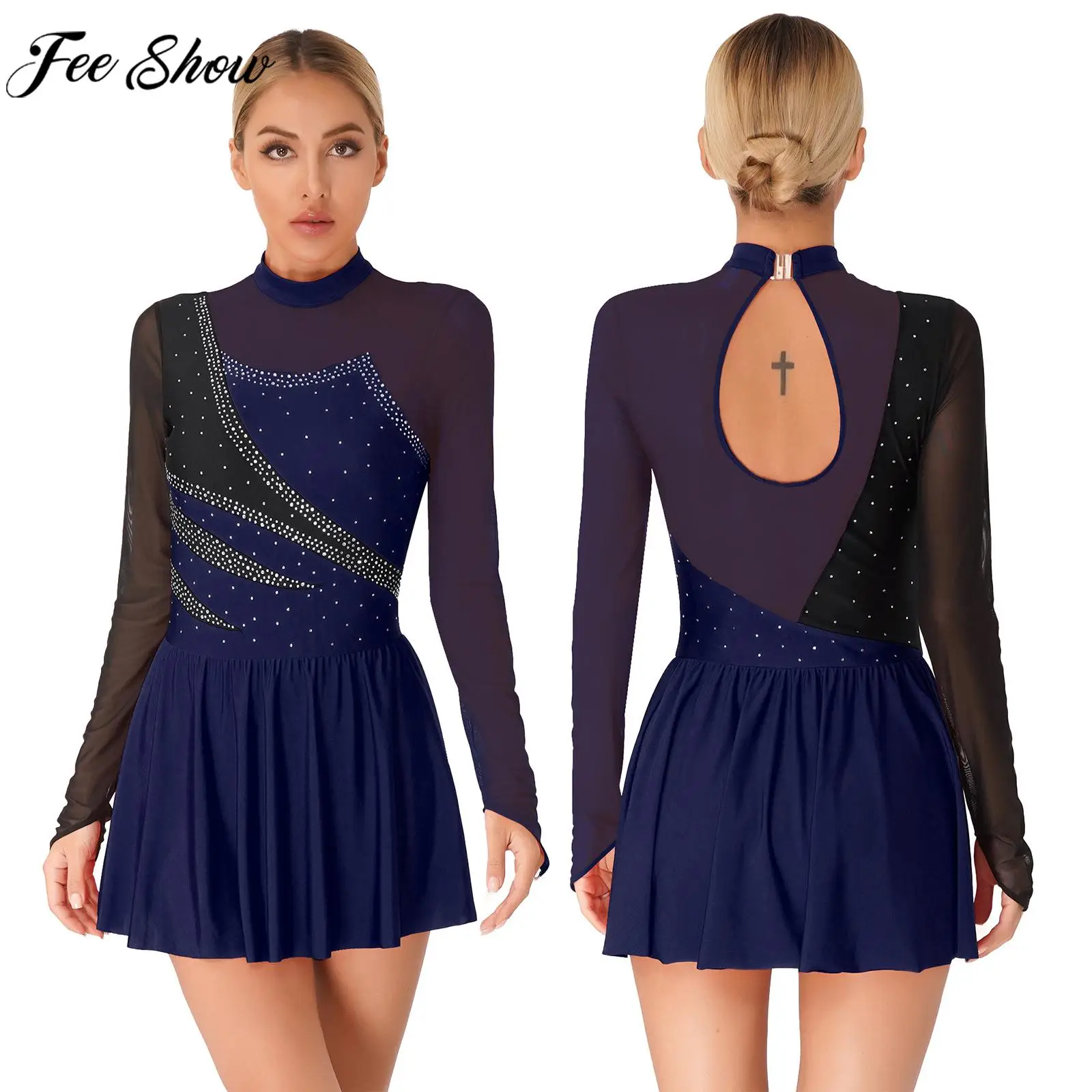 Robe de Performance de Patinage Artistique pour Femme, Tutu de Ballet, brevLyrique, Justaucorps à Manches sulf, Strass, Maille Transparente, Vêtements de brev