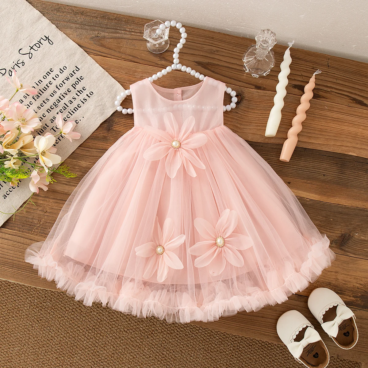 Baby Mädchen Kleider Sommer Neue Ärmellose Geburtstag Kleid Baby Mesh Atmungsaktive Süße 3d Blume Hochzeit Blumenmädchen Kleider Image