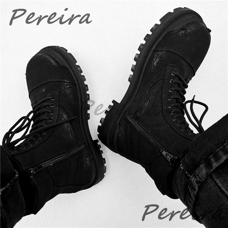 Schwarze Denim-Schnür-Motorradstiefel, Retro-Stil, dicke Sohle, runde Zehen, höhenvergrößernde Reißverschluss, kurze Stiefel, trendige Outdoor-Herrenschuhe