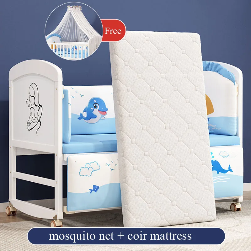 1 m großes Babybett aus weißem Holz mit Moskitonetz, Bettwäsche-Set, Latex- und Kokosmatratze, Babybett, Bett, Schaukelmatratze, Kinderbett Image