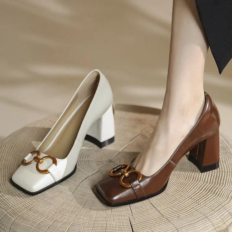 Women's High-heeled Shoes Ladies Square Toes Soft Leather Shoes Ladies Elegant High Chunky Retro Heels Pumps for Office Party
