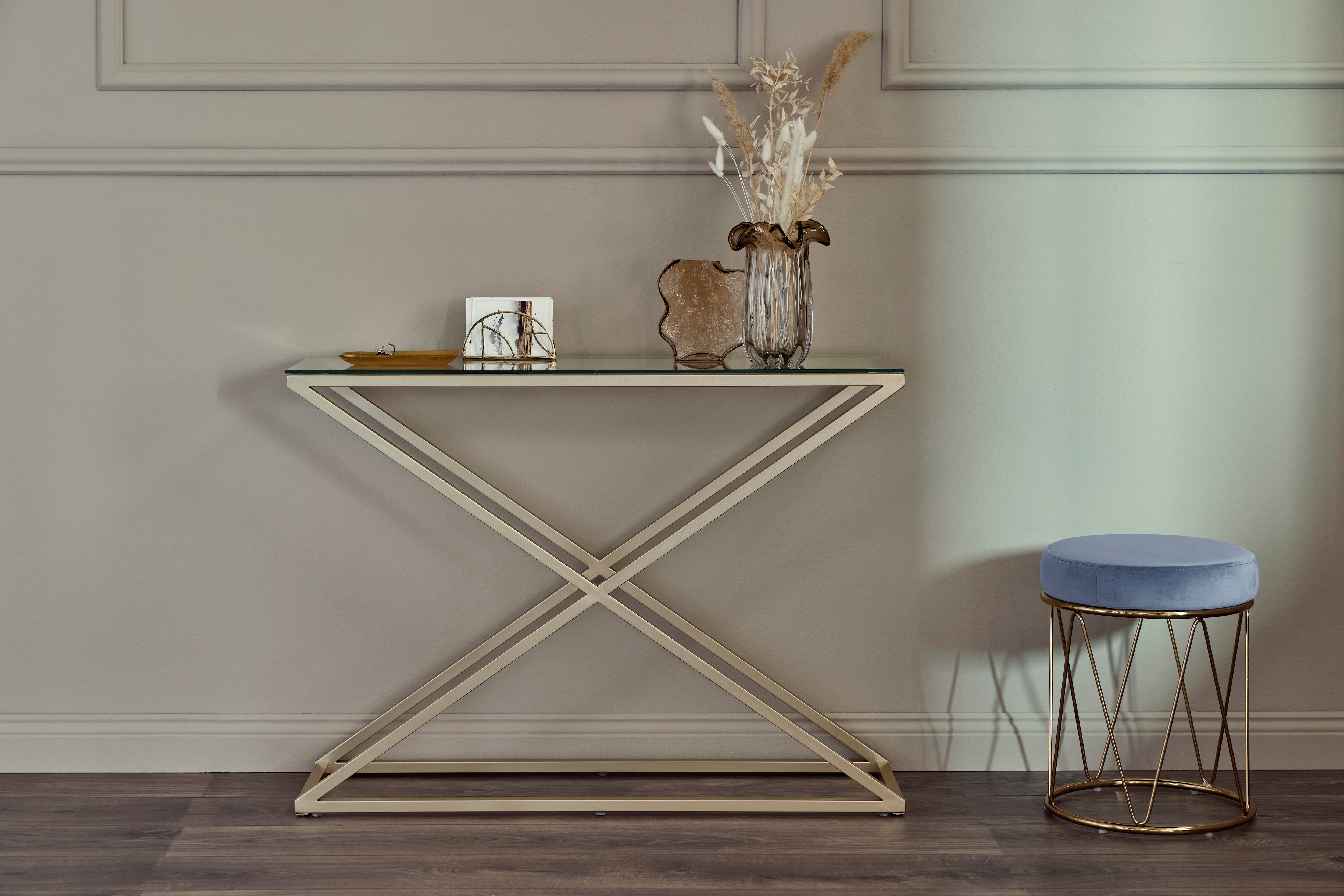 Konsolentisch JAHNKE "XTRA CONSOLE", gold (klarglas, gold, goldfarben, klarglas), B:100cm H:76cm T:30cm, Tische, Konsole/Beistelltisch in Gold-Look, aus Sicherheitsglas gefertigt