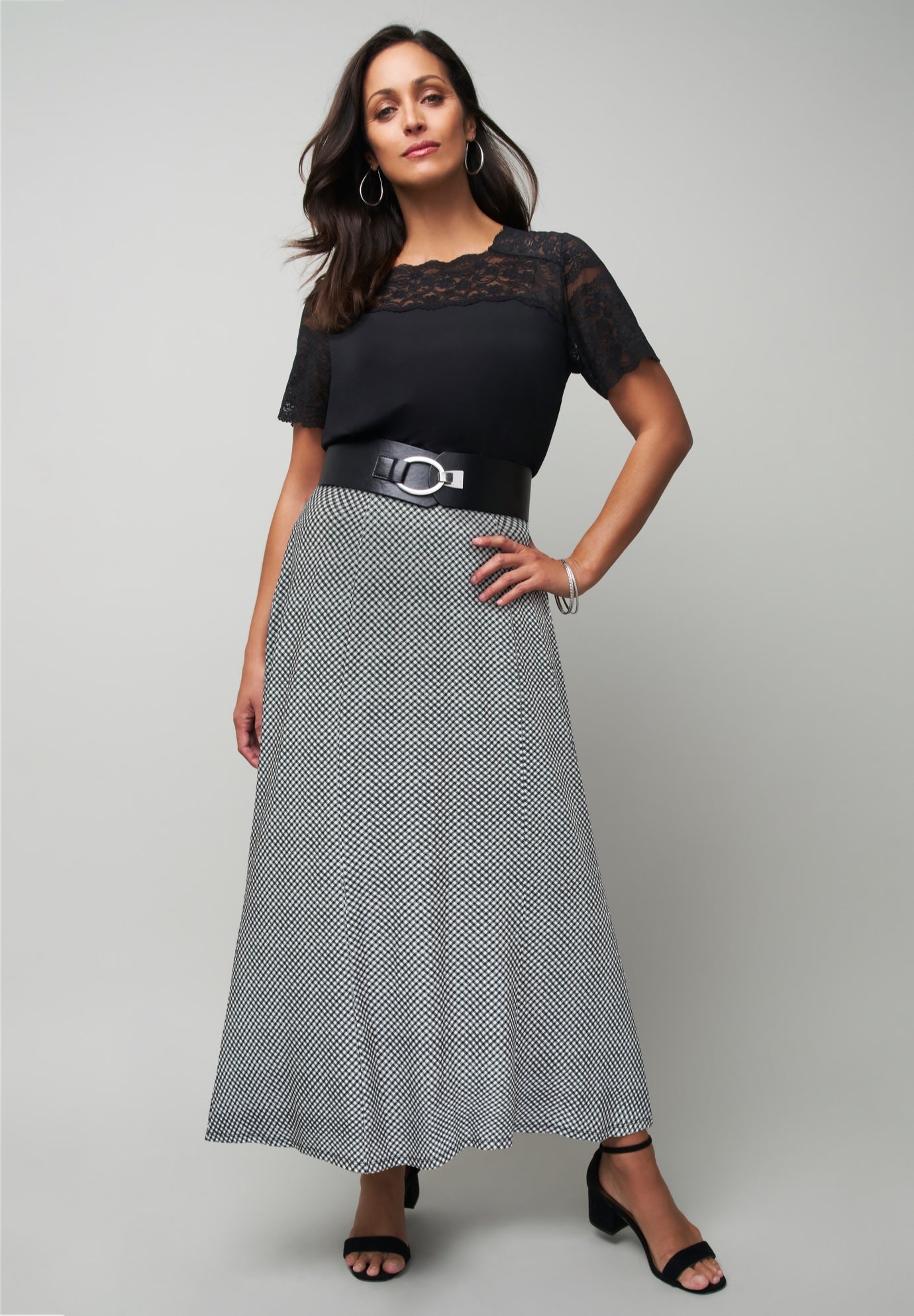Plus Size Women's Stretch Knit Maxi Skirt by The London Collection in Black Bias Plaid (Size 14/16) Wrinkle Resistant Pull-On Stretch Knit