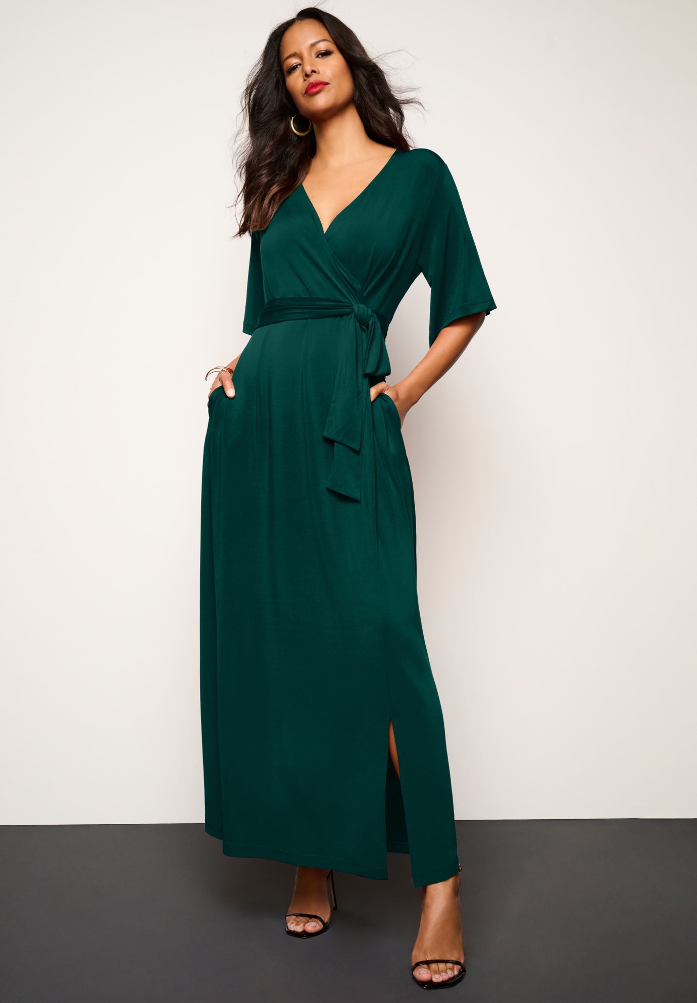 Plus Size Women's Plus Size Flutter Sleeve Wrap Maxi Dress by Roaman's in Emerald Green (Size 26/28)