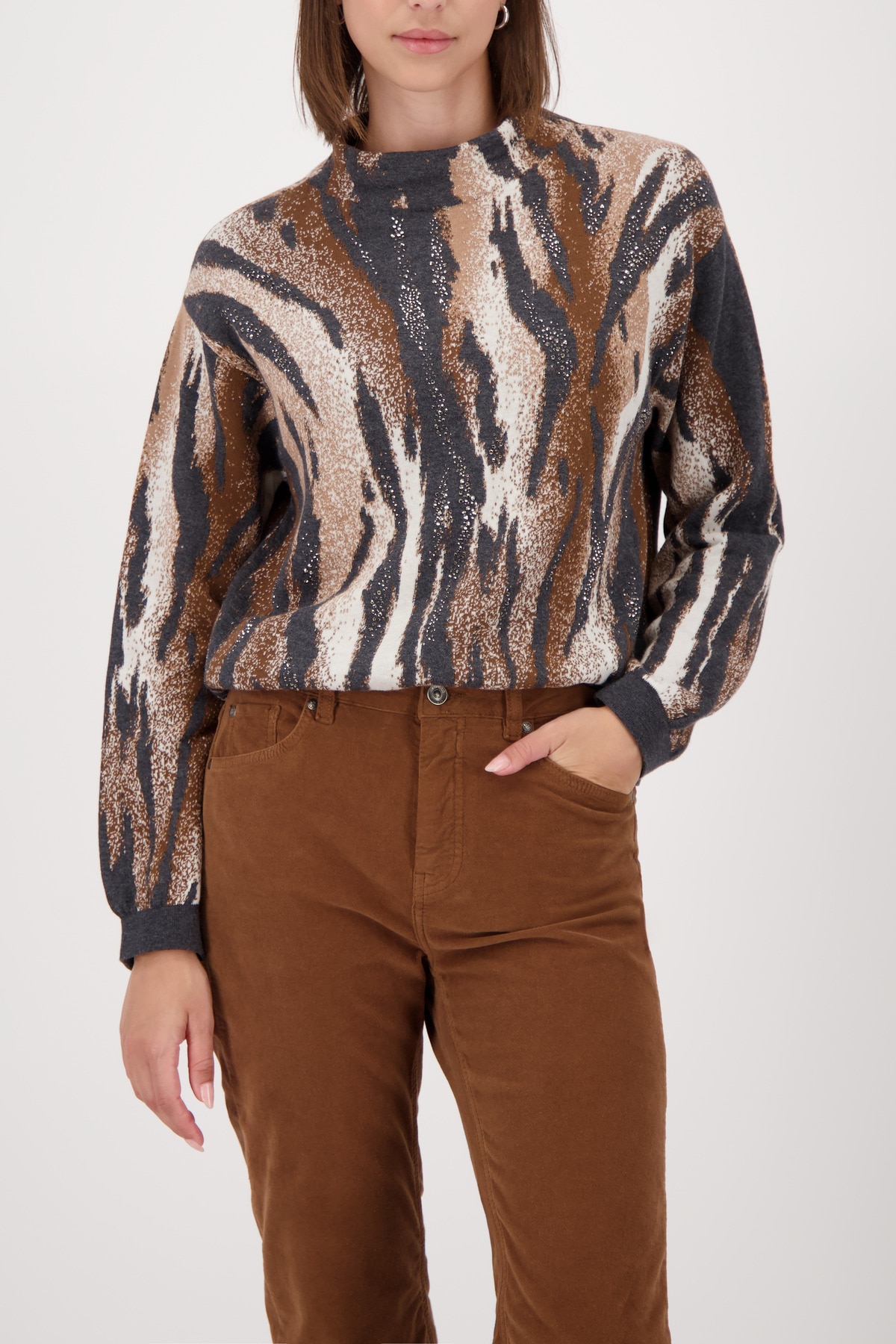 Strickpullover MONARI, Damen, Gr. 36, anthrazit gem, Strick, Obermaterial: 100% Baumwolle, animal-print, gemustert, mehrfarbig, regular fit taillenbedeckt, Rundhals, eingesetzt angesetztes Bündchen, Pullover, Regular fit mit Rundhalsausschnitt Image