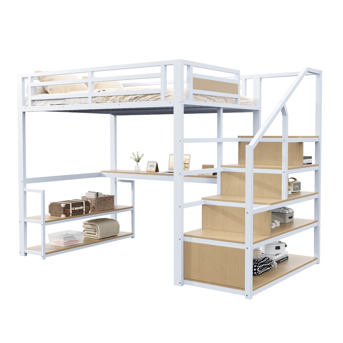 OKWISH Hochbett Metall 140x200 mit Stauraum, Tisch & Regalen, platzsparend, robust, Sicherheitsgeländer, Leiter, modernes, langlebiges Design Weiß Image