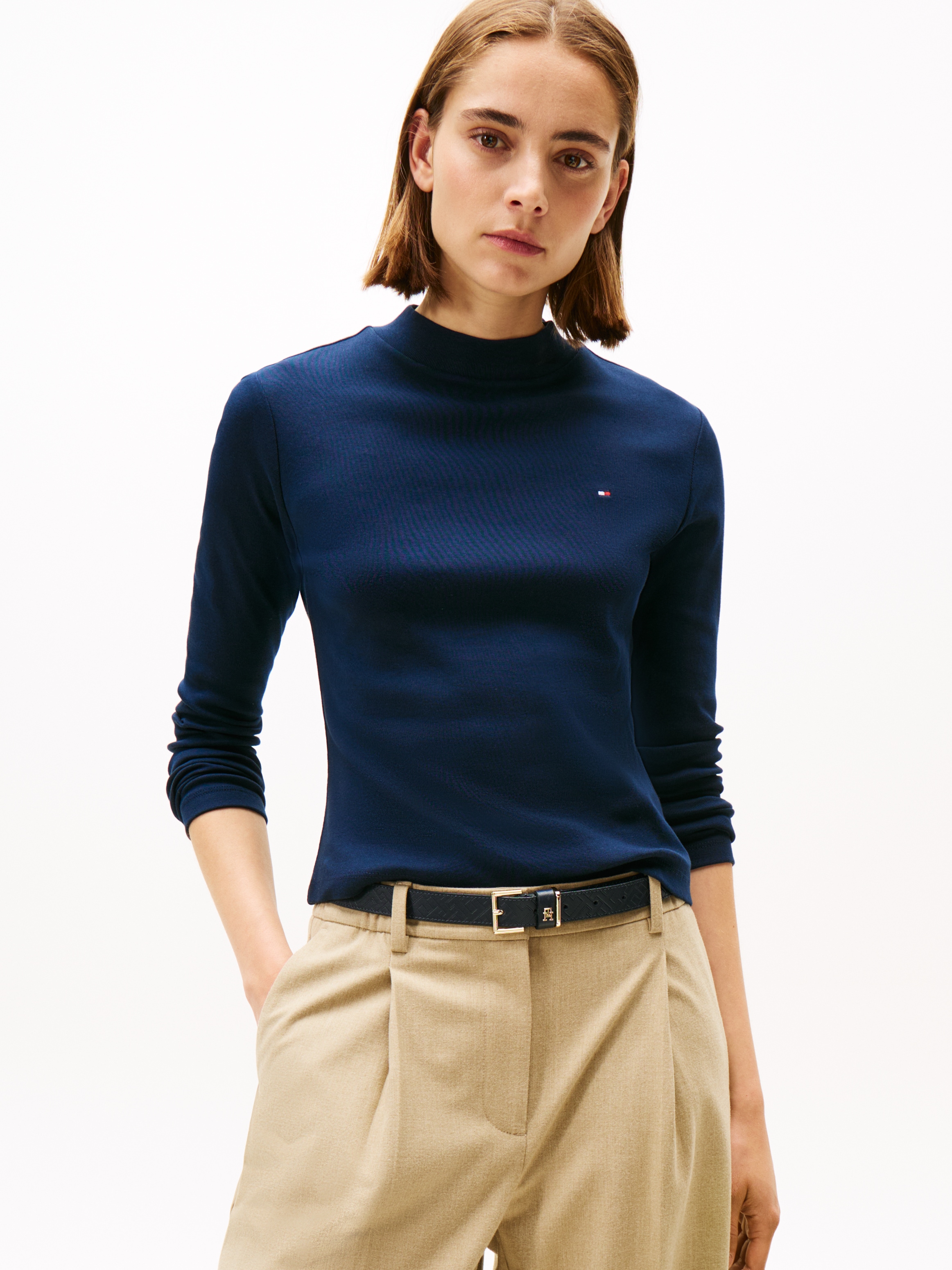 Langarmshirt TOMMY HILFIGER "SLIM CODY MOCK-NK LS", Damen, Gr. S (36), schwarz night navy, Single Jersey, Obermaterial: 100% Baumwolle, unifarben, slim fit normal, Rundhals, Shirts Image