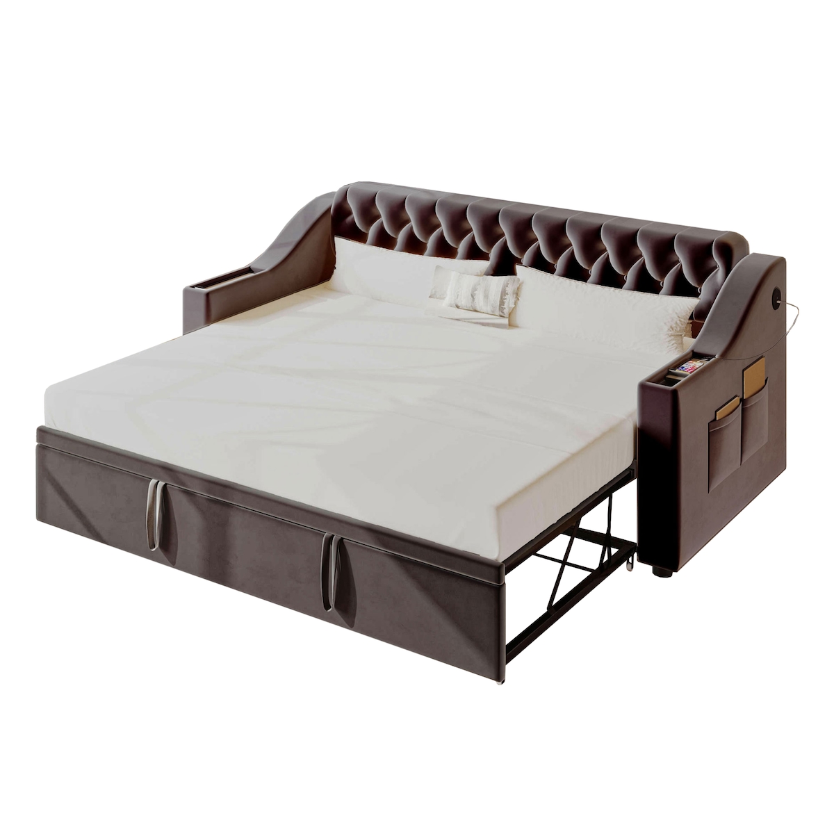 OKWISH Multifunktionales Schlafsofa 90x190 cm mit Stauraum, USB-Ladeanschluss, hydraulischem Auszug & Samtstoff, wandelbar zu einem 180x190 Bett, Dunkelgrau Image