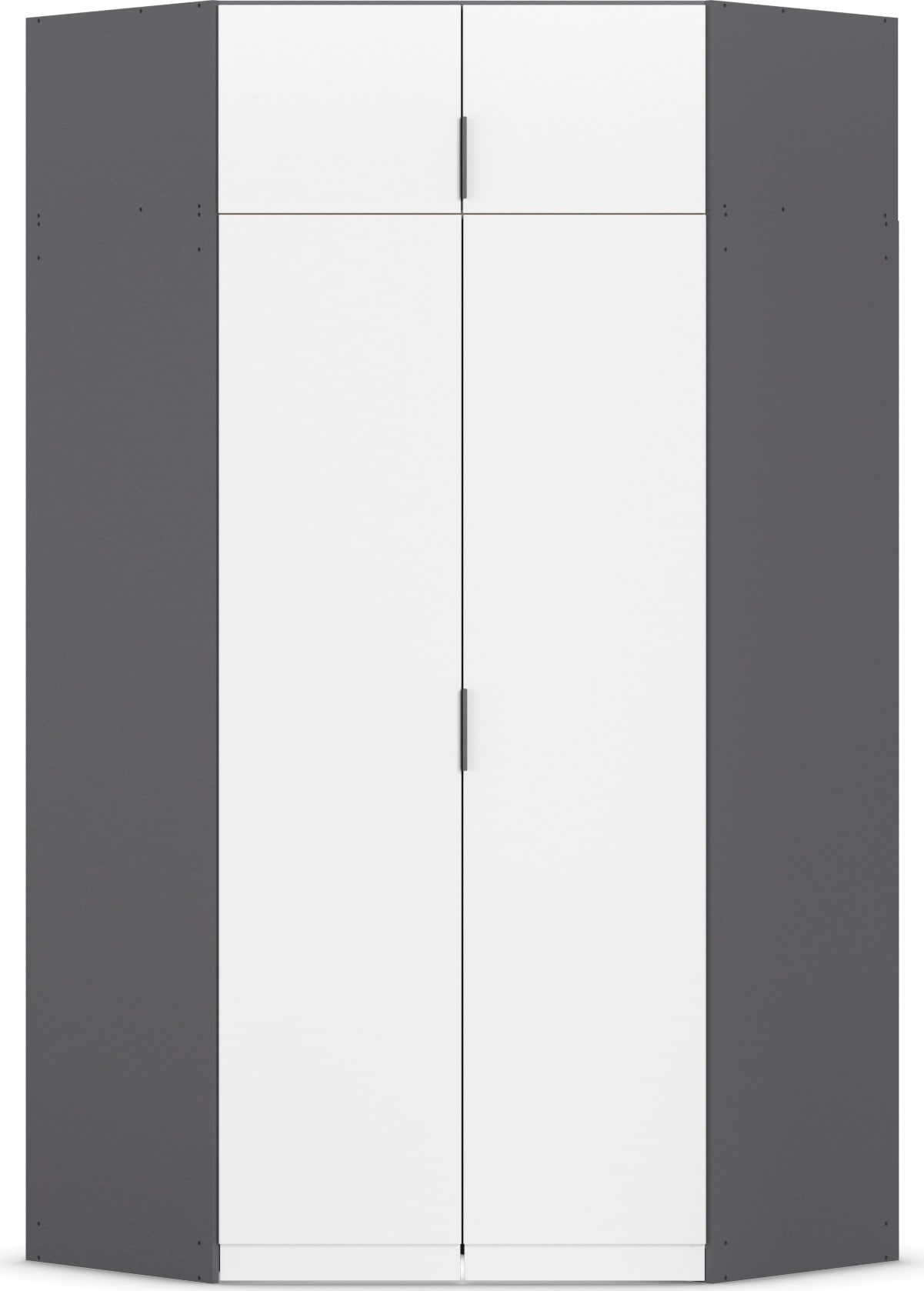 Kleiderschrank RAUCH "Eckschrank Schrank Ankleidezimmer Schlafzimmer Garderobe LAGOA", graumetallic, alpinweiß, B:117cm H:235cm T:117cm, Holzwerkstoff, Schränke, Kleiderschrank, voll ausgestattet viel Stauraum, optional mit Aufsatz MADE IN GERMANY