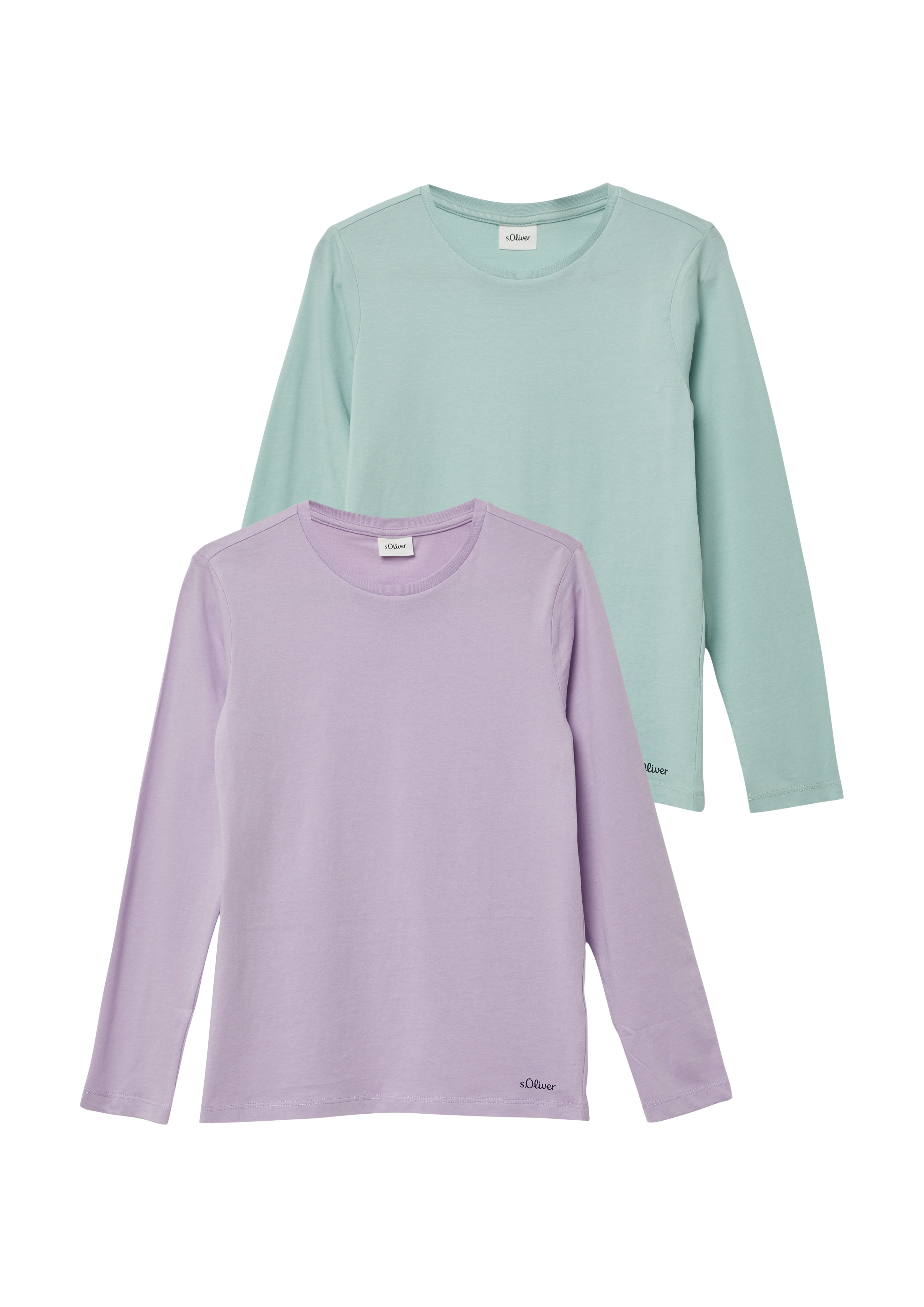 T-Shirt S.OLIVER JUNIOR, Damen, Gr. 140, lila, light grün, Jersey, Obermaterial: 100% Baumwolle, unifarben, normal hüftbedeckend, Rundhals, Shirts, 2er Pack, Unisex Image