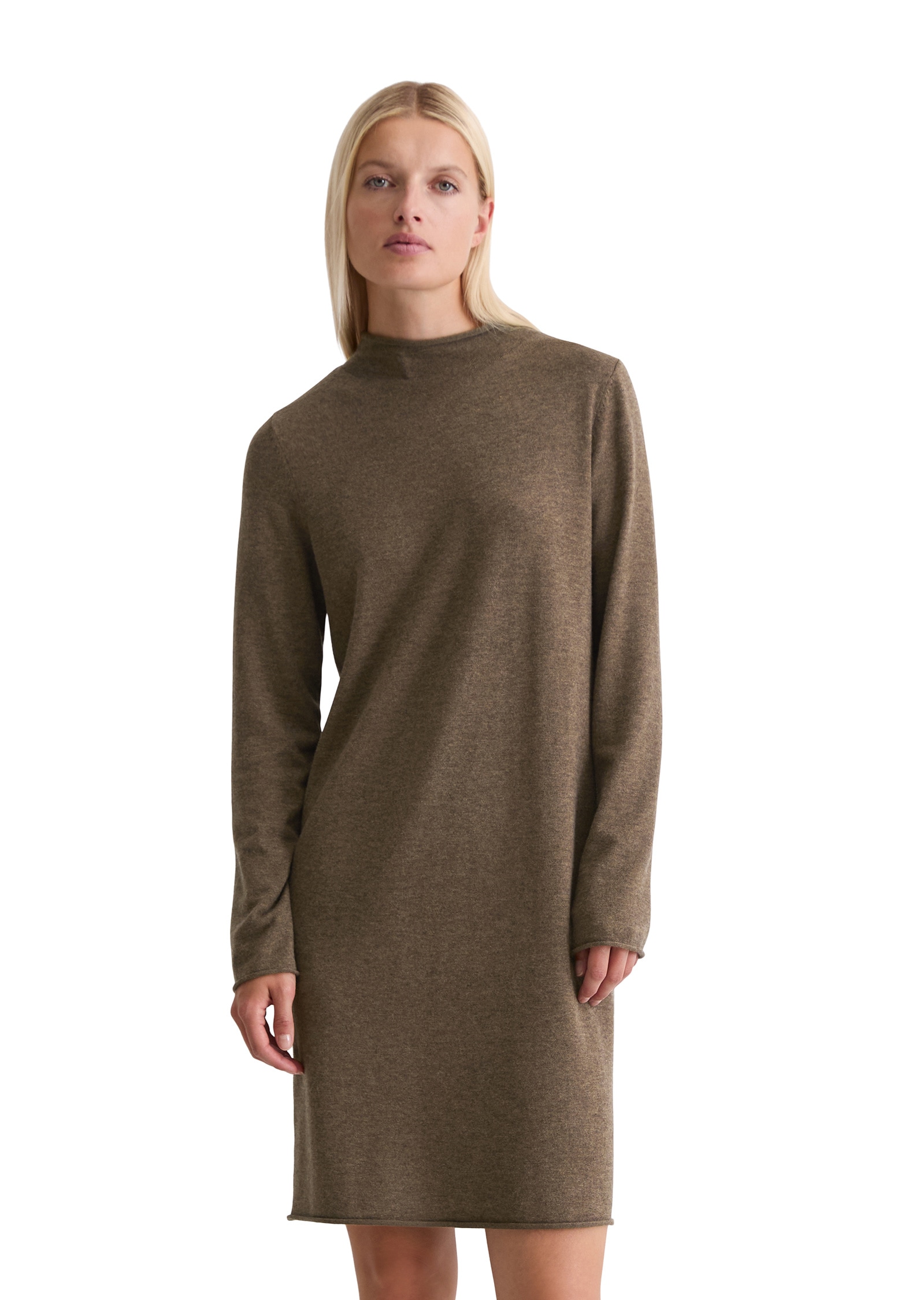 Strickkleid MARC O'POLO "aus edlem Schurwolle-Viskose-Mix", Damen, Gr. 34, Normalgrößen, shaded braun melange, Obermaterial: 37% Polyamid, 34% Schurwolle, 25% Viskose, 4% Elasthan, unifarben, regular fit knielang, Rollkante, Kleider Strickkleid