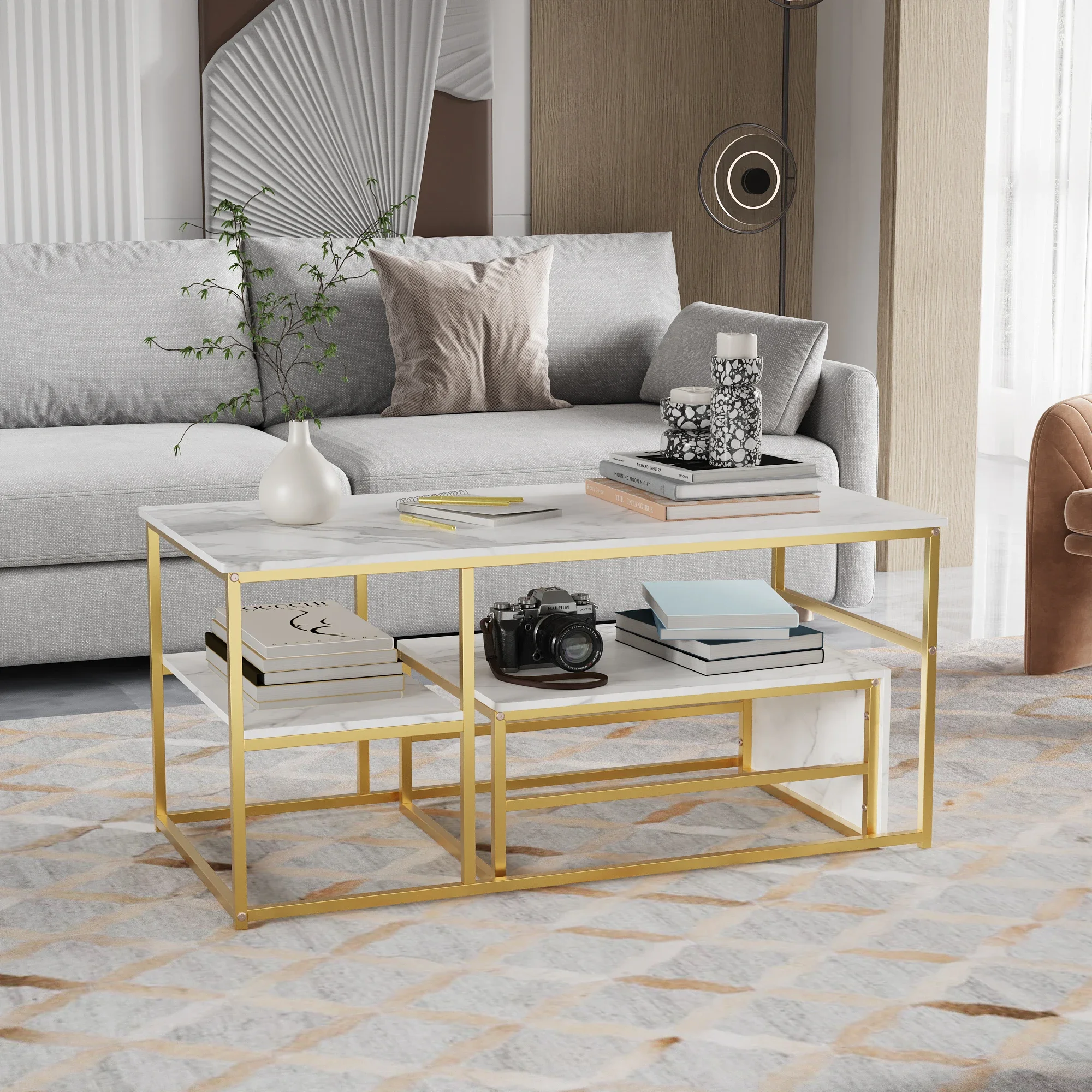 Rosahqnda Table basse 2 pièces table d'appoint aspect marbre avec support et étagère en métal, table basse rectangulaire table de canapé de salon