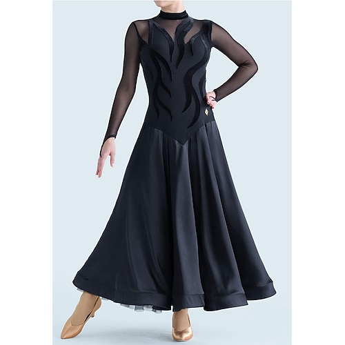 Damen-Ballsaal-Tanzkleid mit langen Ärmeln, Netzstoff, Walzer, Tango, Latein, Wettkampf-Performance-Kleid, eleganter schwarzer fließender Rock mit transparentem Miederdesign Image
