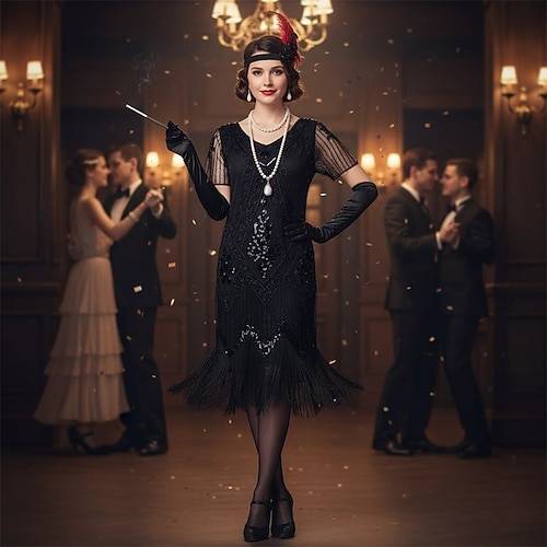 Set Goldene Zwanziger 1920er Knielang Flapper Kleid Cocktailkleid Ausgefallene Kostüme mit Zubehör Kurze Ärmel Der große Gatsby Flapper-Mädchen Pailletten Quastenfransen V Ausschnitt Kostüm Damen Image