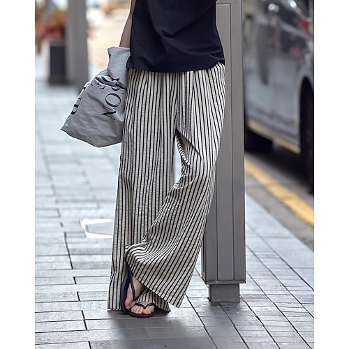 Damen Weites Bein Chinos Hosen Hose Urlaub Vintage Streetwear Volle Länge Mittlere Taillenlinie Gestreift Tasche Elastischer Bund Bequem Mikroelastisch Täglich Outdoor Urlaub Aprikose Schwarz Rot Grün Image