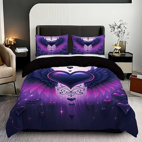 3-teiliges Daunenbettbezug-Set mit gotischem lila Herzflügel für Queensize-Betten, weicher, kurzer Plüsch-Bettbezug mit 2 Kissenbezügen – gemütliche Bettwäsche für Hotelzimmer komfortabel Image