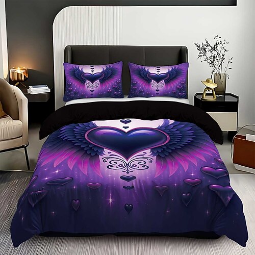 3-teiliges Daunenbettbezug-Set mit gotischem lila Herzflügel für Queensize-Betten, weicher, kurzer Plüsch-Bettbezug mit 2 Kissenbezügen – gemütliche Bettwäsche für Hotelzimmer komfortabel Image