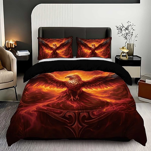 Fire Phoenix 3-teiliges Daunenbettbezug-Set für Queensize-Betten, weicher, kurzer Fleece-Bettbezug mit 2 Kissenbezügen – Hotelbettwäsche, gemütlich komfortabel Image