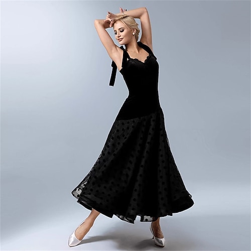 Ballsaal-Tanzkleid für Damen, schwarzer Samt, Neckholder, gepunktetes Netz, elegant, Walzer, Tango, Rumba, Performance, Wettkampfkleid Image