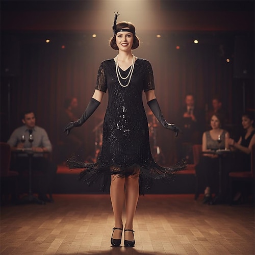 Set Retro Vintage Goldene Zwanziger 1920er Knielang Flapper Kleid Cocktailkleid Ausgefallene Kostüme mit Zubehör Kurze Ärmel Der große Gatsby Flapper-Mädchen Pailletten Quastenfransen V Ausschnitt Image