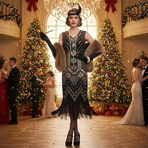 Set Goldene Zwanziger 1920er Midlänge Flapper Kleid Ausgefallene Kostüme Kunstpelz-Schal mit Zubehör Der große Gatsby Flapper-Mädchen Pailletten Quastenfransen Kostüm Damen Neujahr Maskerade Image
