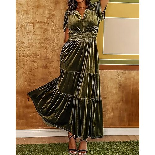 Damen Midikleid Weihnachtskleid Samtkleid Partykleid Cocktailkleid Elegant Modern Abendgesellschaft Party Geburtstag Normale Passform Einfach Kurzarm V Ausschnitt Wein Armeegrün Marineblau Dunkelgrün Image
