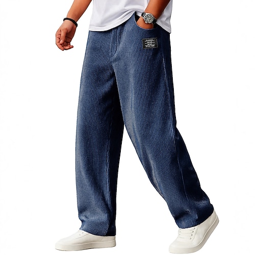 Herren Hose Cordhose Baggy-Hosen Gerade geschnittene Sweatpants Kordelzug Elastischer Bund Einfarbig Komfort Volle Länge Täglich Outdoor Streetwear Mode Klassicher Stil Marineblau Himmelblau Image