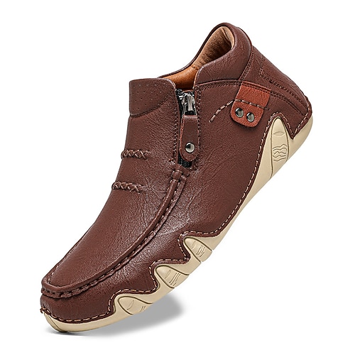 Herren-Mokassins aus kastanienbraunem Kunstleder mit seitlichem Reißverschluss und flexibler Sohle, handgefertigte Freizeit-Loafer zum Autofahren und für draußen Image